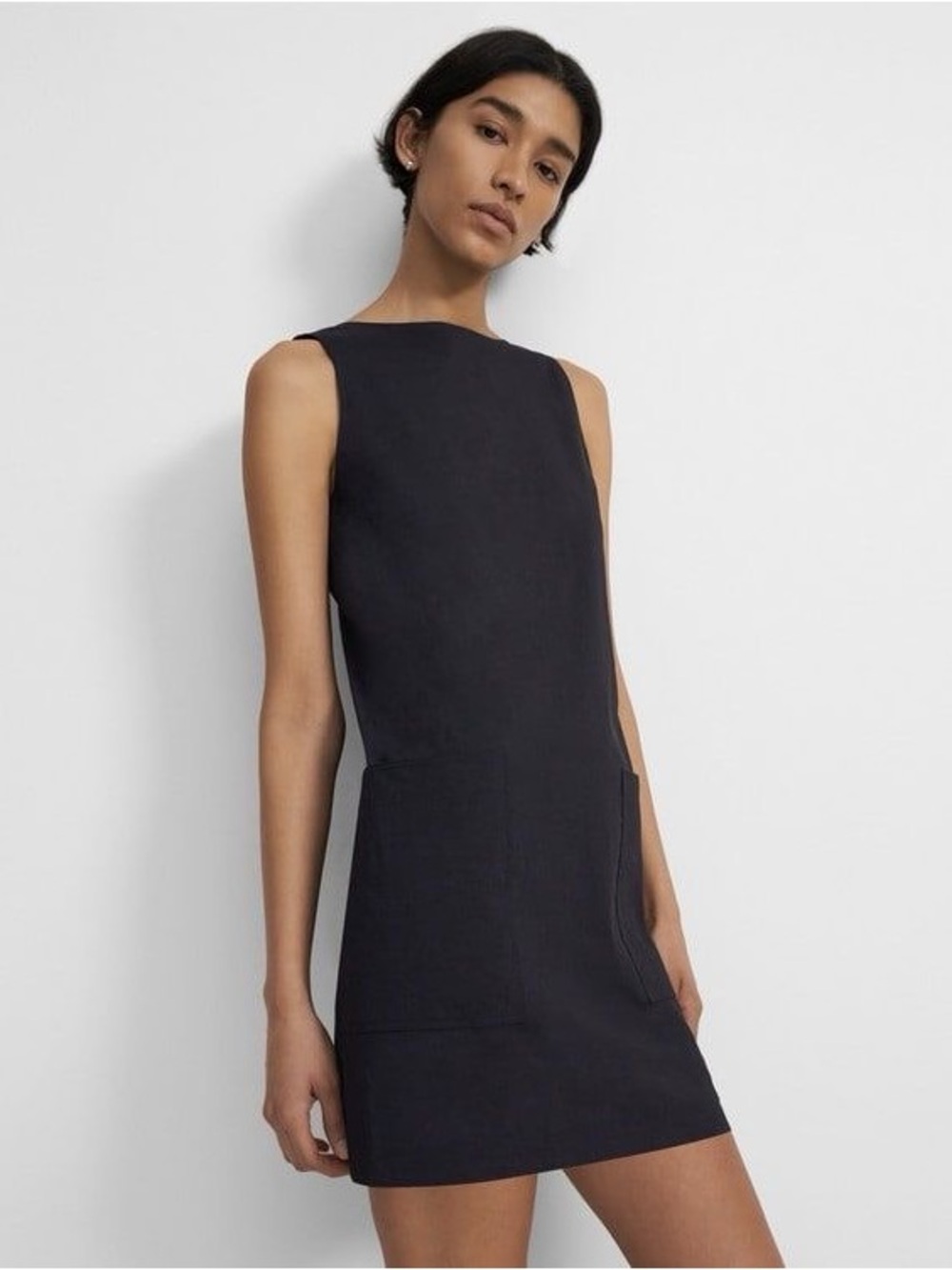 Theory Mod Shift Eco Crunch Linen Dress Size 6 Sleeveless Black Heather Pockets